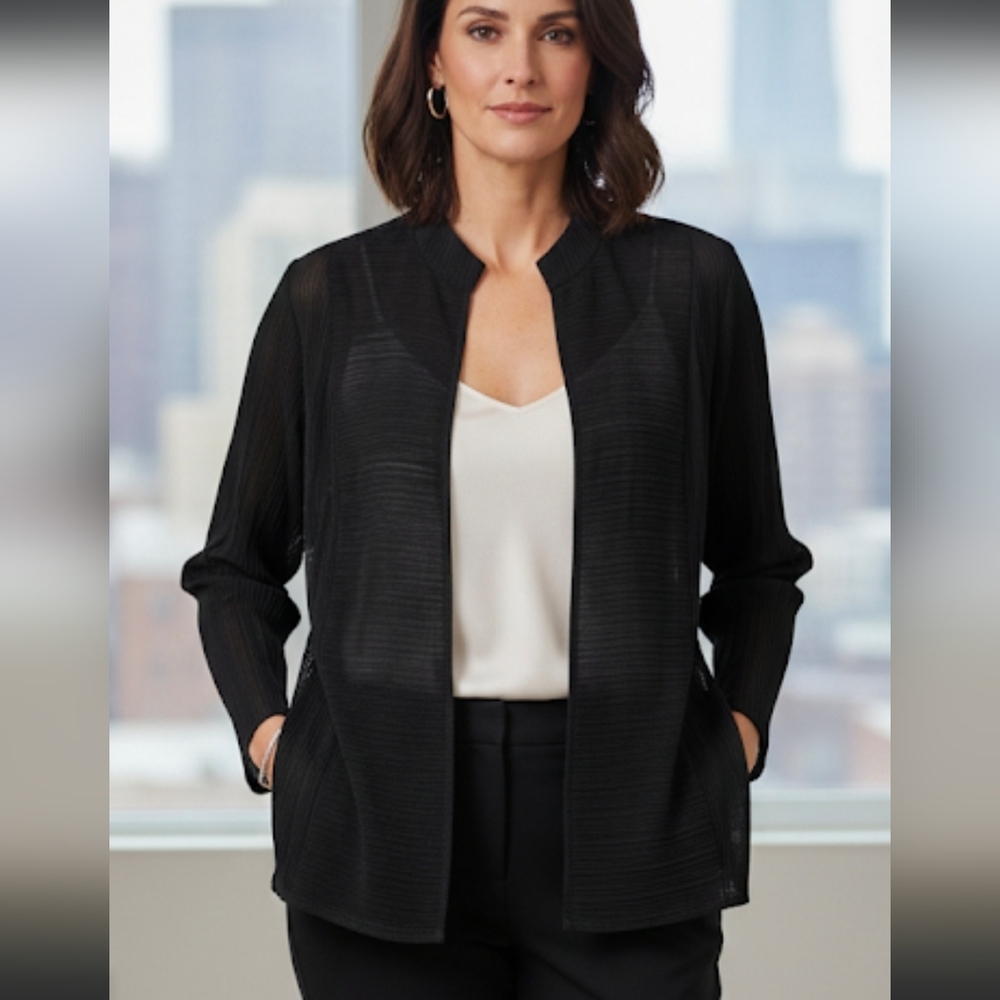 Eileen Fisher Black Pleated Silk Open Front Cardigan Jacket Pockets | Size Large